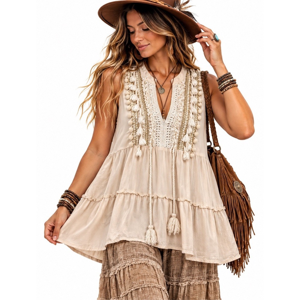 Boho Fairy Sleeveless Top Tunic L Beige Tassel Embroidered Festival Cottagecore